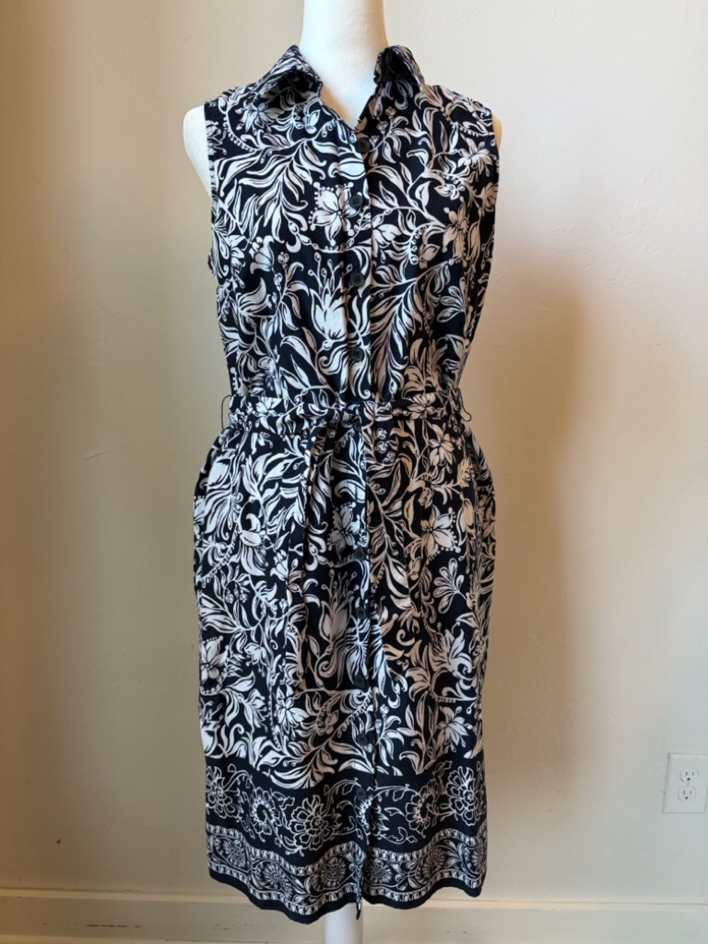 Sleeveless Navy & White Floral Shirt Dress with Tie Waist